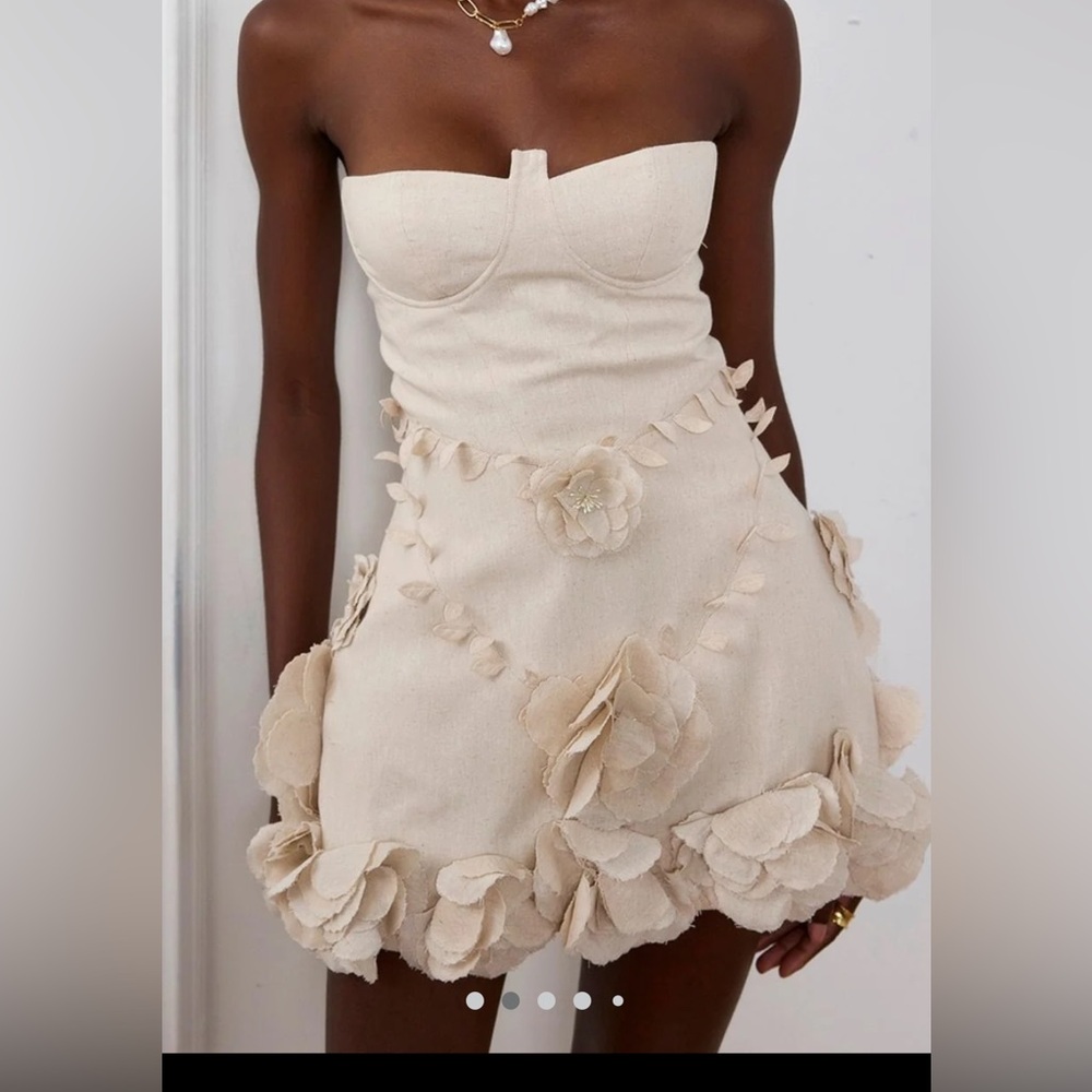 SOLD - NWT Cream Strapless Fit and Flare Mini Dress | 3D Florals - Picture 5 of 5